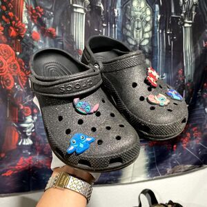 Crocs Unisex Kids Black Glitter Classic Casual Comfort Footwear Clog Mules Shoes